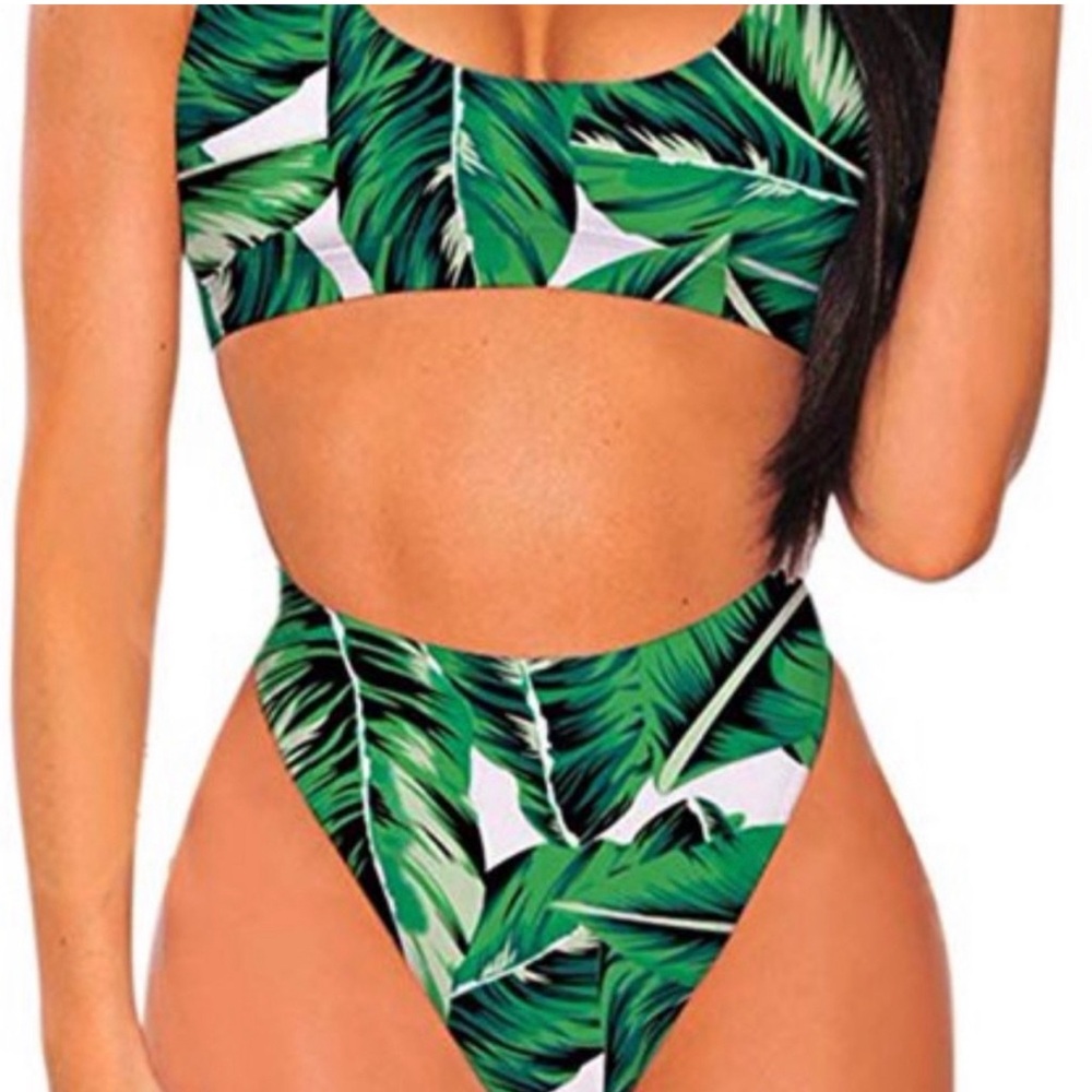 NEW High Waisted Bikini Sz Large Palm Tree Print, Tropical Design, Cheeky